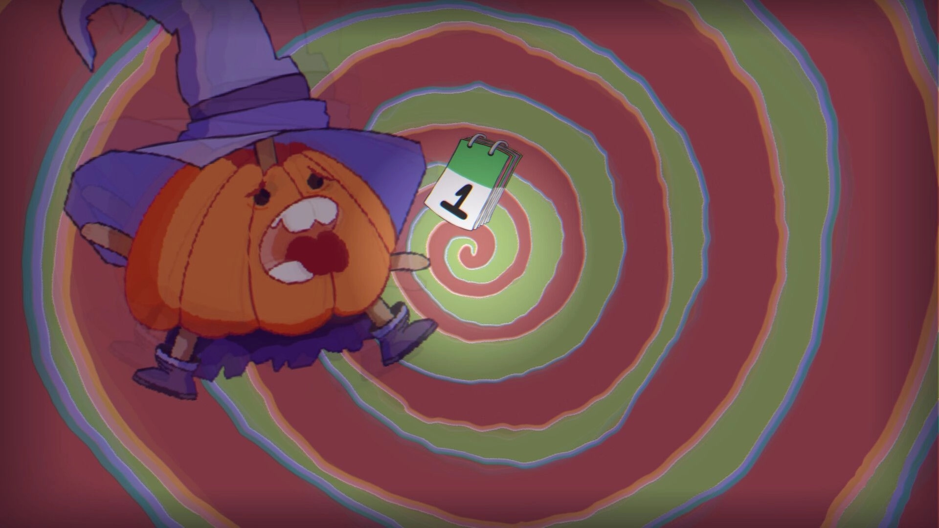 Murky: Pumpkin-headed witch tumbling through a colorful spiral vortex with a floating day-1 calendar icon.