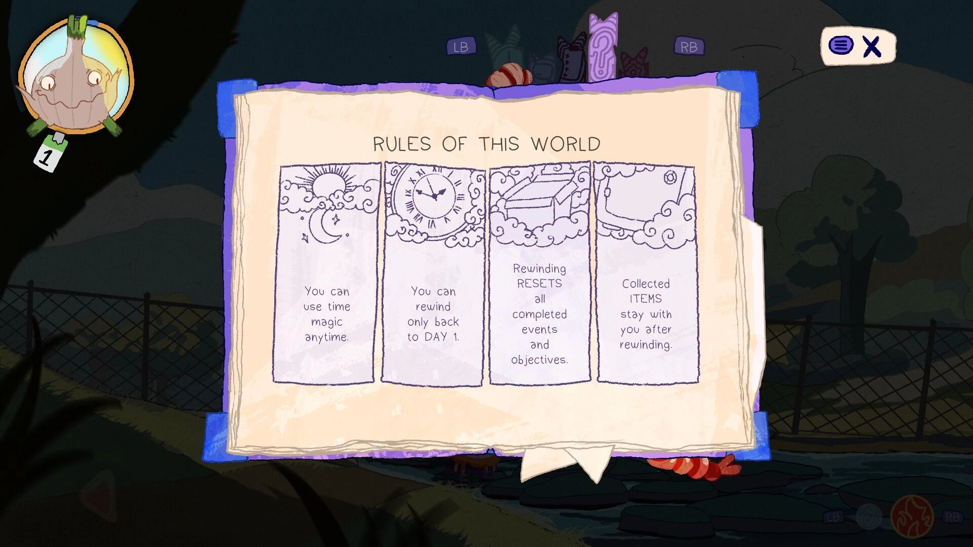 Murky: Rules of This World tutorial page about time rewind, with close button over dark cave scene.