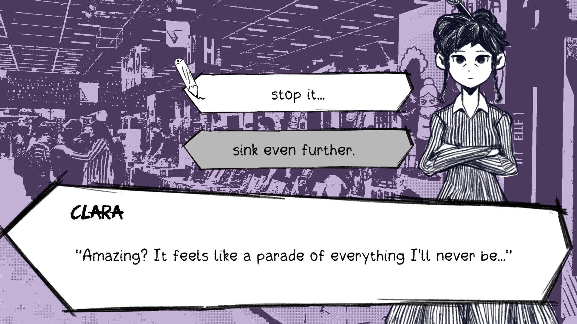 Muse: Clara faces dialogue choices in a surreal art gallery setting, contemplating her self-worth.