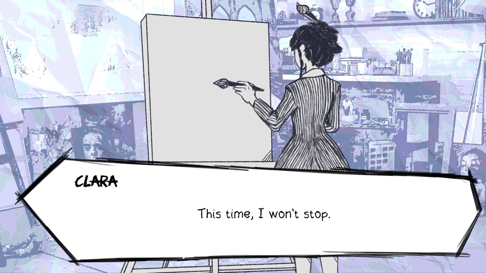 Muse: Clara painting on canvas in art studio with dialogue box saying, "This time, I won't stop."