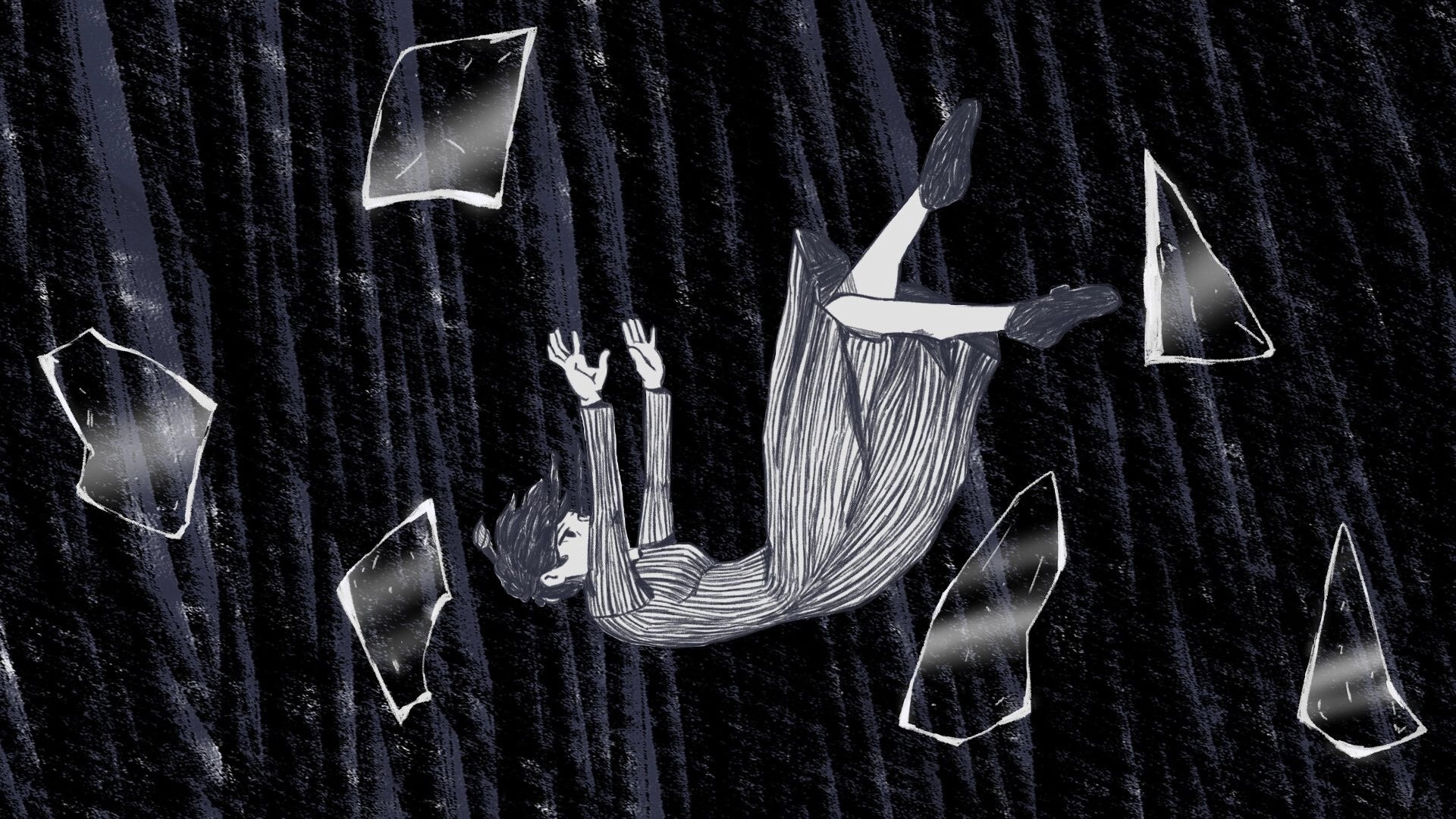 Muse: Clara falling through a dark void surrounded by floating glass shards in a dreamlike scene