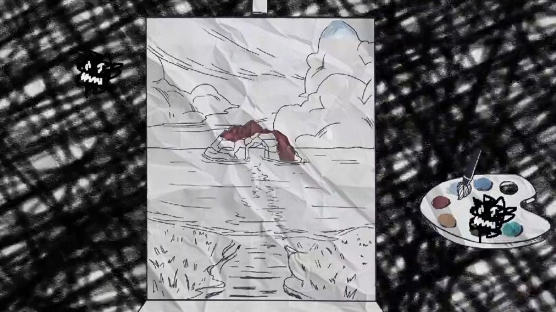Muse: Sketch of surreal landscape with paint palette and brush in a chaotic black and white background