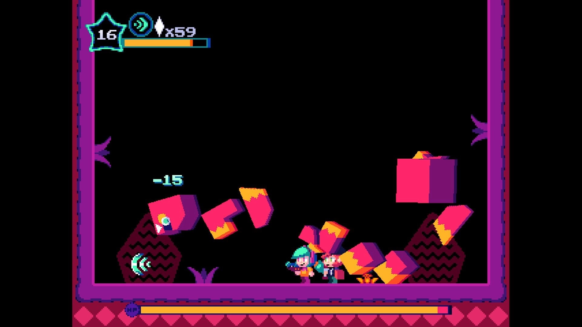MUSESTRUCK: Journey and Quinn combat block enemies with health bar in vibrant Negative Space arena