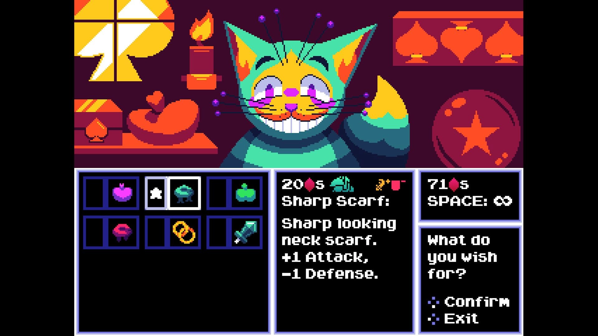 MUSESTRUCK: Inventory menu with a colorful cat merchant offering items like a Sharp Scarf and more.