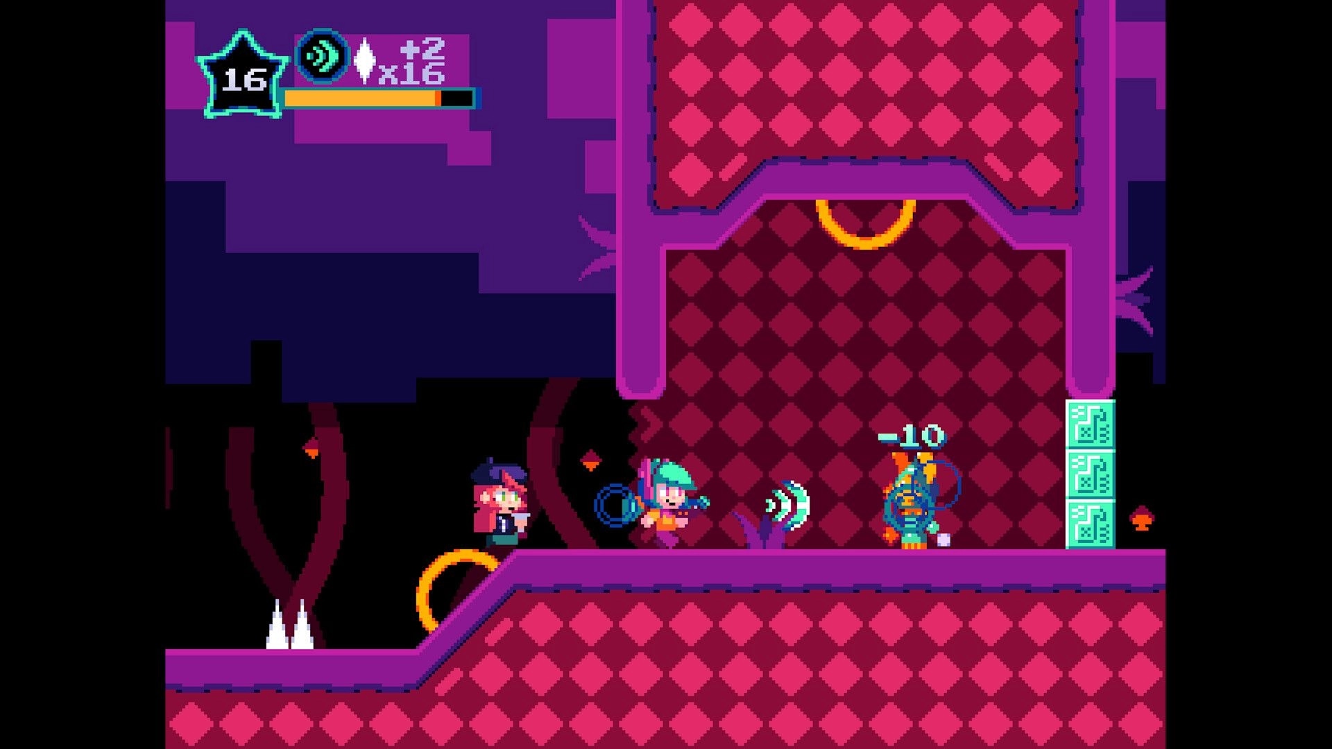 MUSESTRUCK: Journey and Quinn engage a foe in a vibrant, checkered corridor with UI in top-left corner.