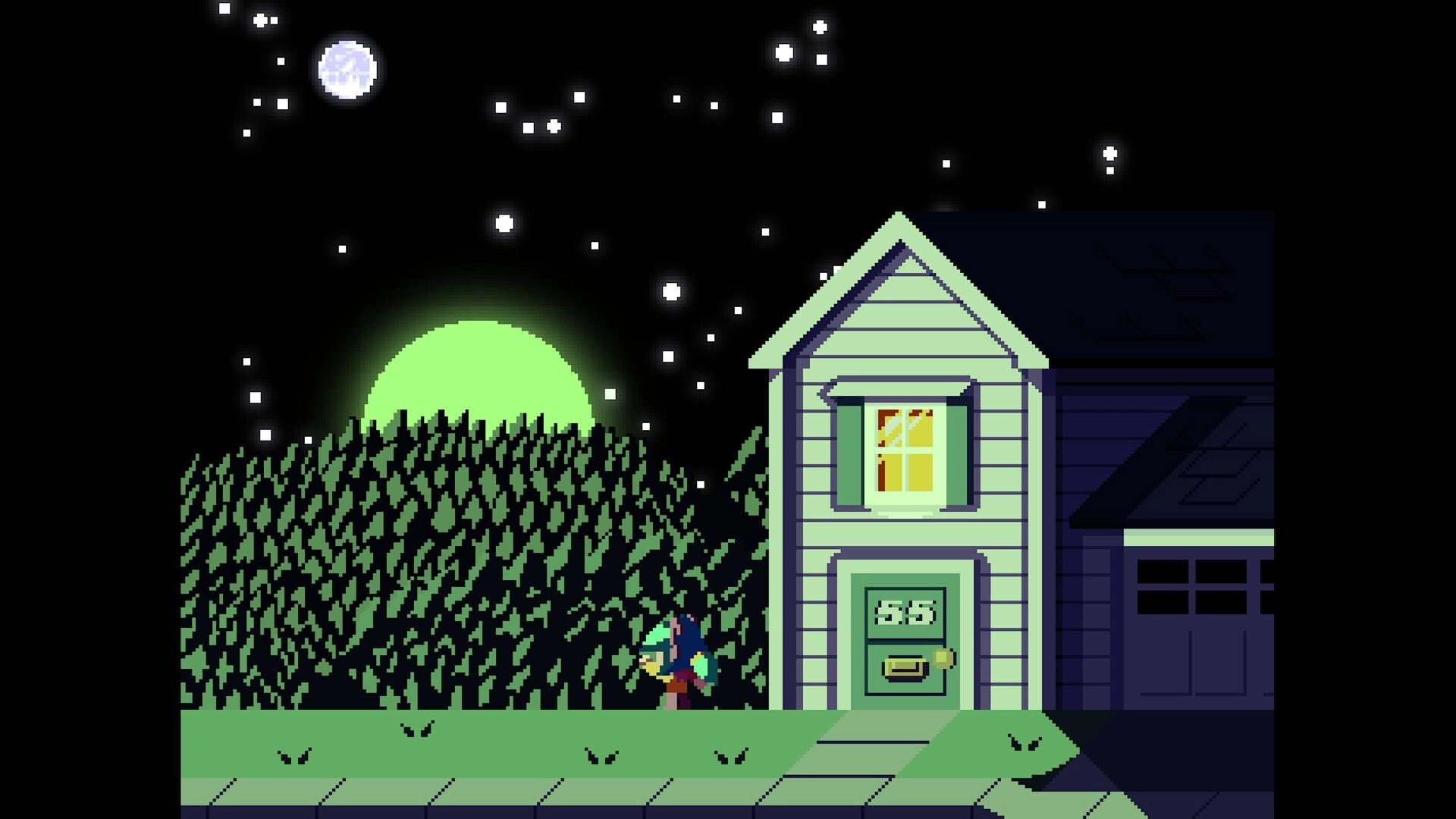 MUSESTRUCK: Journey stands outside a house under a starry night sky with a glowing moon in the background.