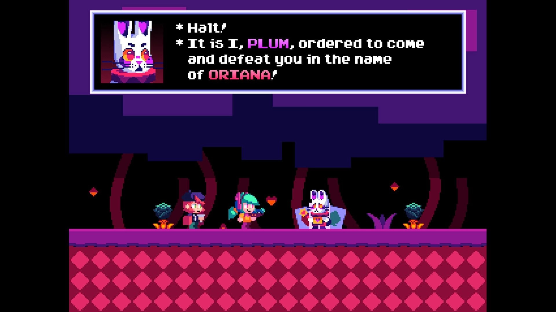 MUSESTRUCK: Journey and Quinn confront Plum on a vibrant platform, dialogue box displays Plum's challenge.
