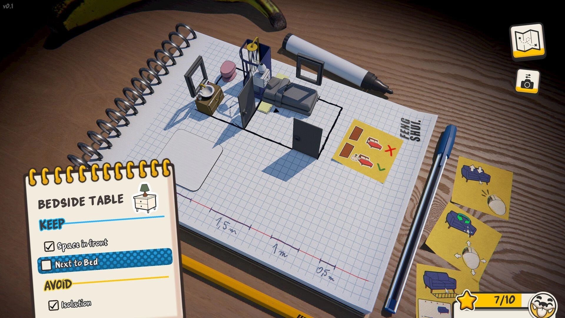 Must be Feng Shui: Bedside table rules panel and room layout on graph paper desk planner UI.