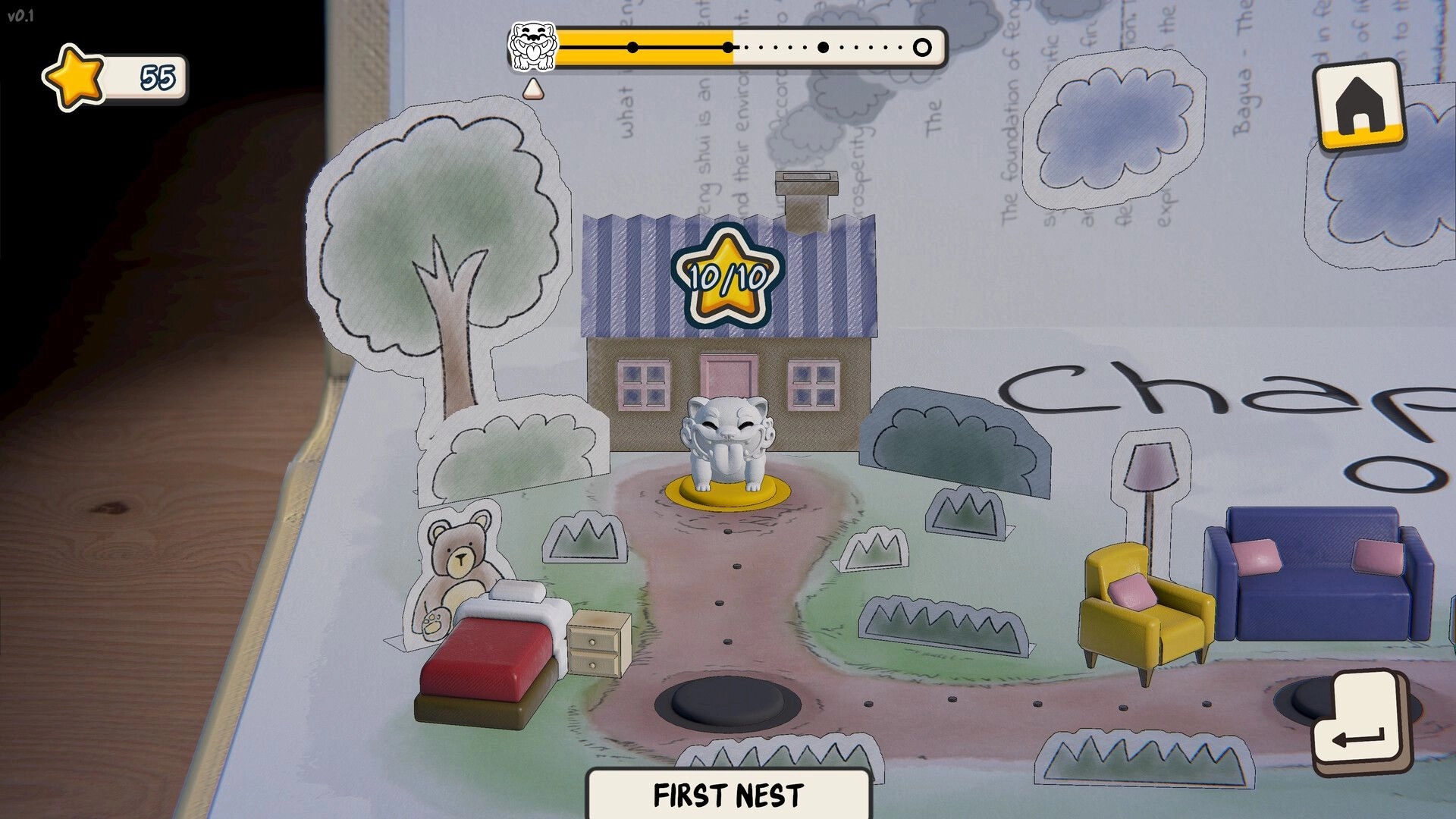 Must be Feng Shui: Level map with lion statue and furniture icons on paper diorama yard scene.