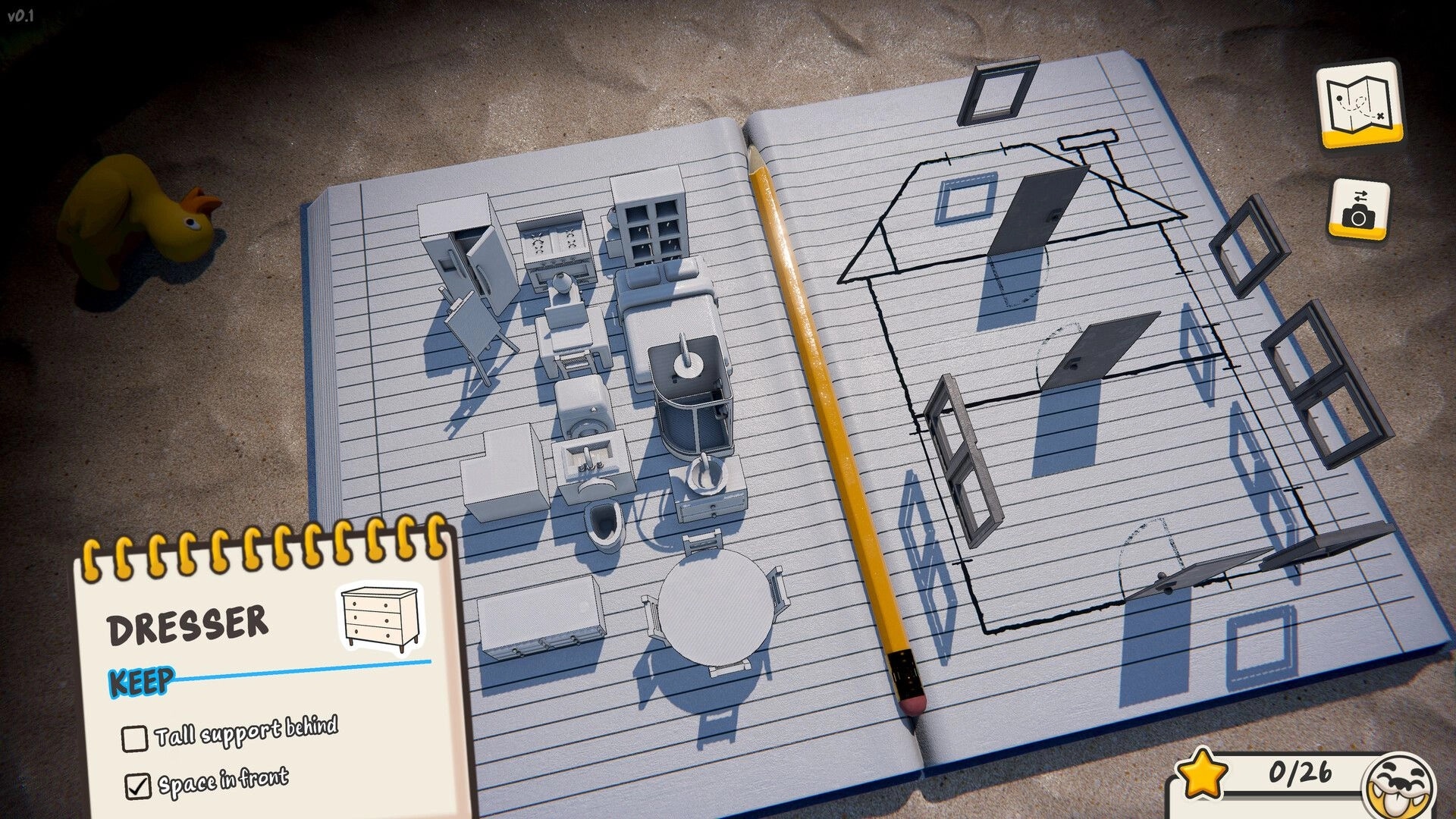 Must be Feng Shui: Dresser keep prompt and furniture pieces beside hand-drawn house floor plan notebook UI.