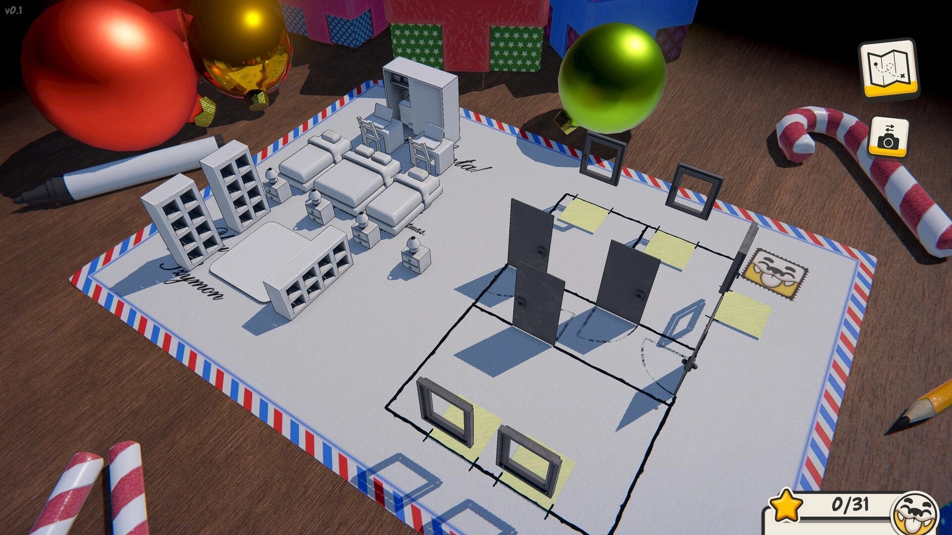 Must be Feng Shui: Bedroom layout puzzle with mini beds and doors on blueprint desk amid holiday decor.