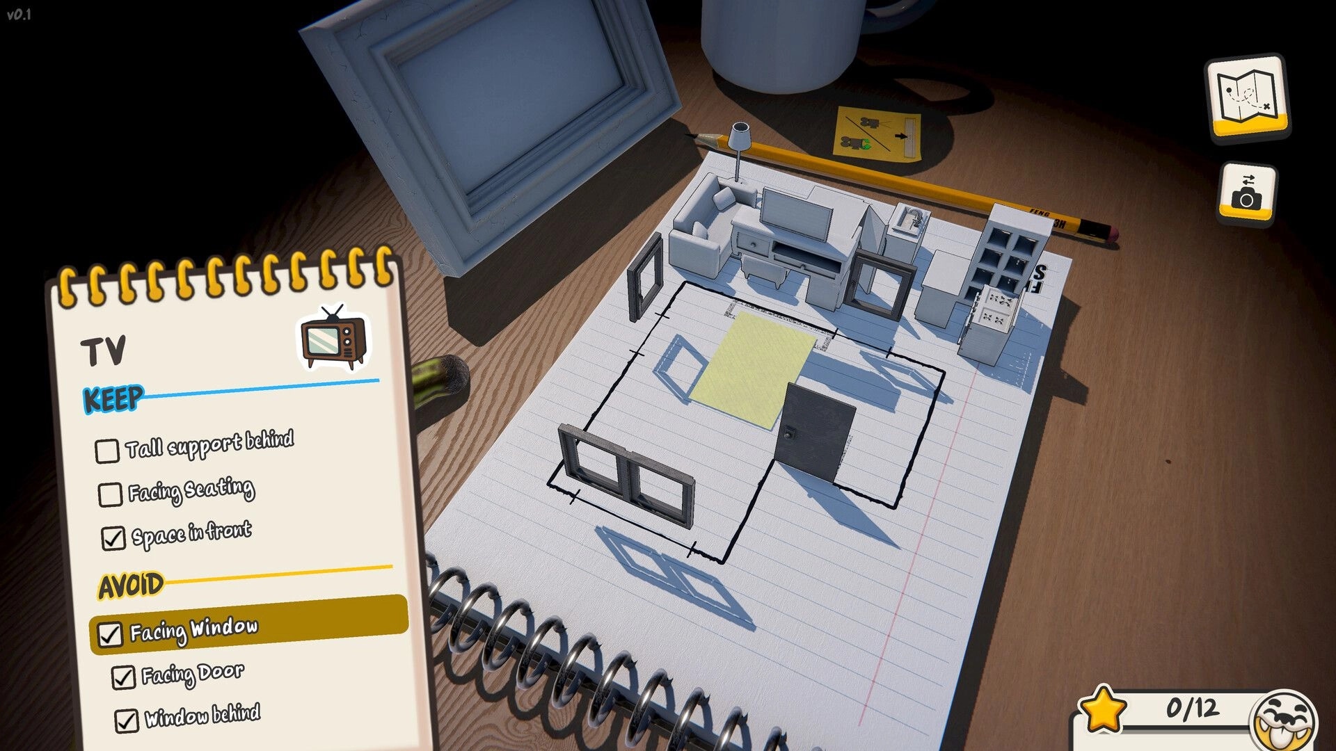 Must be Feng Shui: TV placement checklist beside a miniature room layout on a notebook page desk scene.