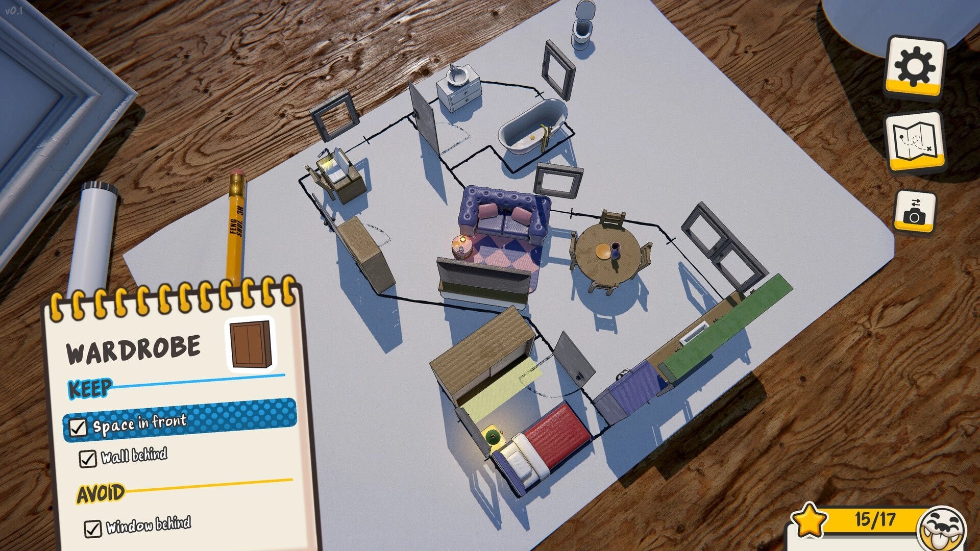 Must be Feng Shui: Wardrobe rule checklist while arranging tiny apartment furniture on a paper floor plan.