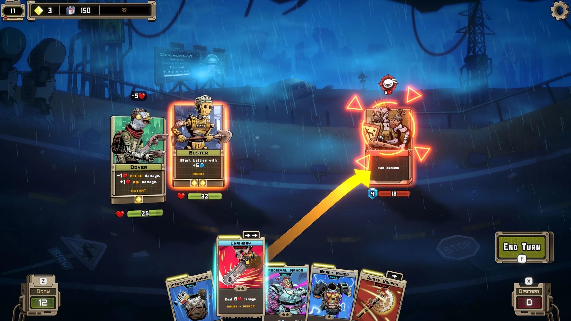 Mutanoid: Card combat with Dover and Buster targeting ambush enemy on a rainy roadside battlefield.