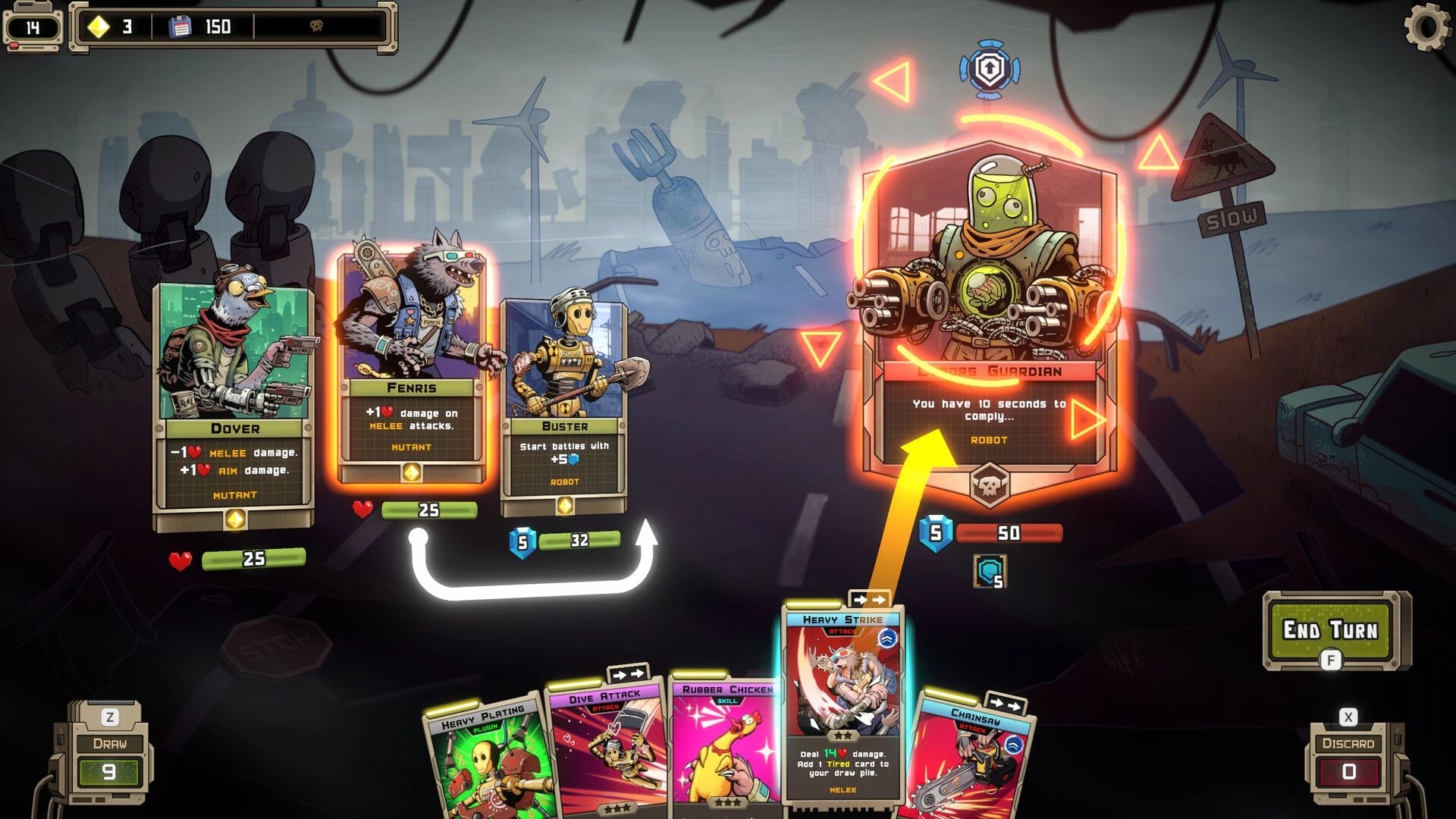Mutanoid: Card battle with Dover, Fenris, and Buster facing a Borg Guardian on a wasteland road.