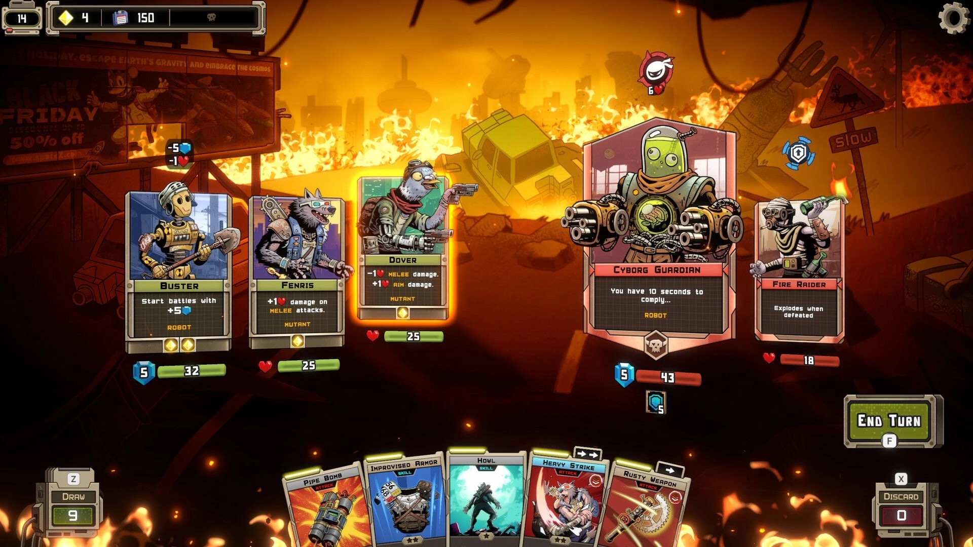 Mutanoid: Turn-based card battle with five character cards and End Turn button in fiery wasteland.