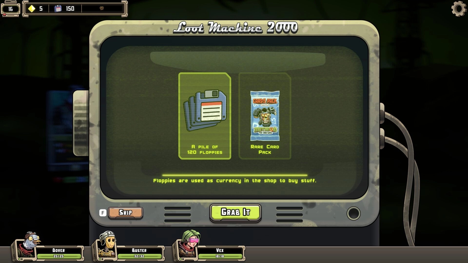 Mutanoid: Loot Machine 2000 reward screen offering 120 floppies or a rare card pack in shop UI.