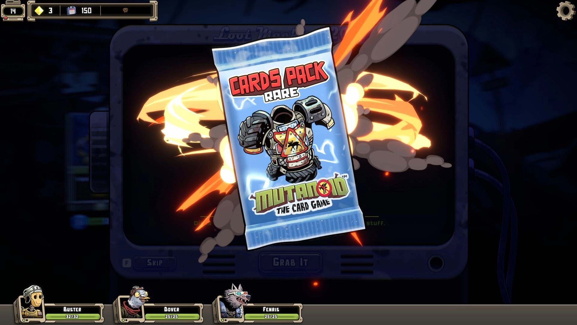 Mutanoid: Rare cards pack reward pop-up with Grab It button, team portraits and currency bar UI.