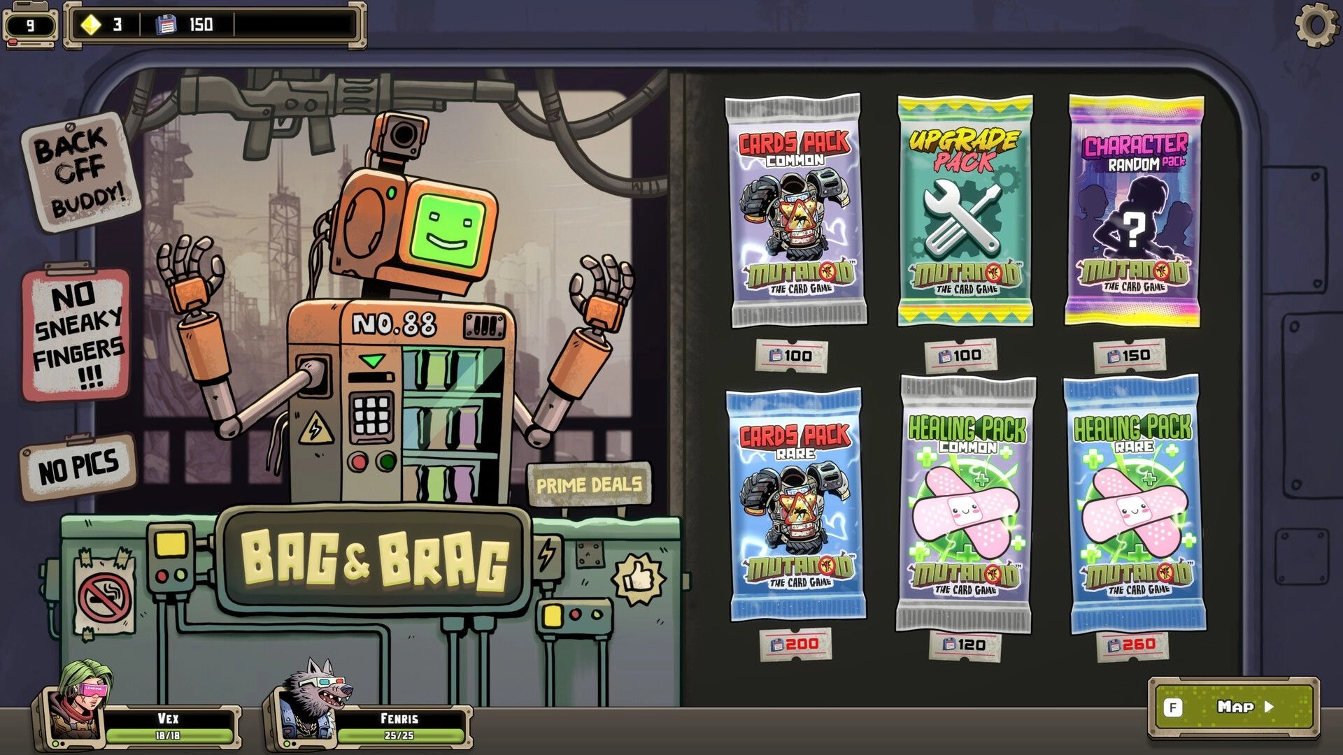 Mutanoid: Robot shopkeeper at Bag & Brag store UI with card, upgrade, and healing packs for sale.