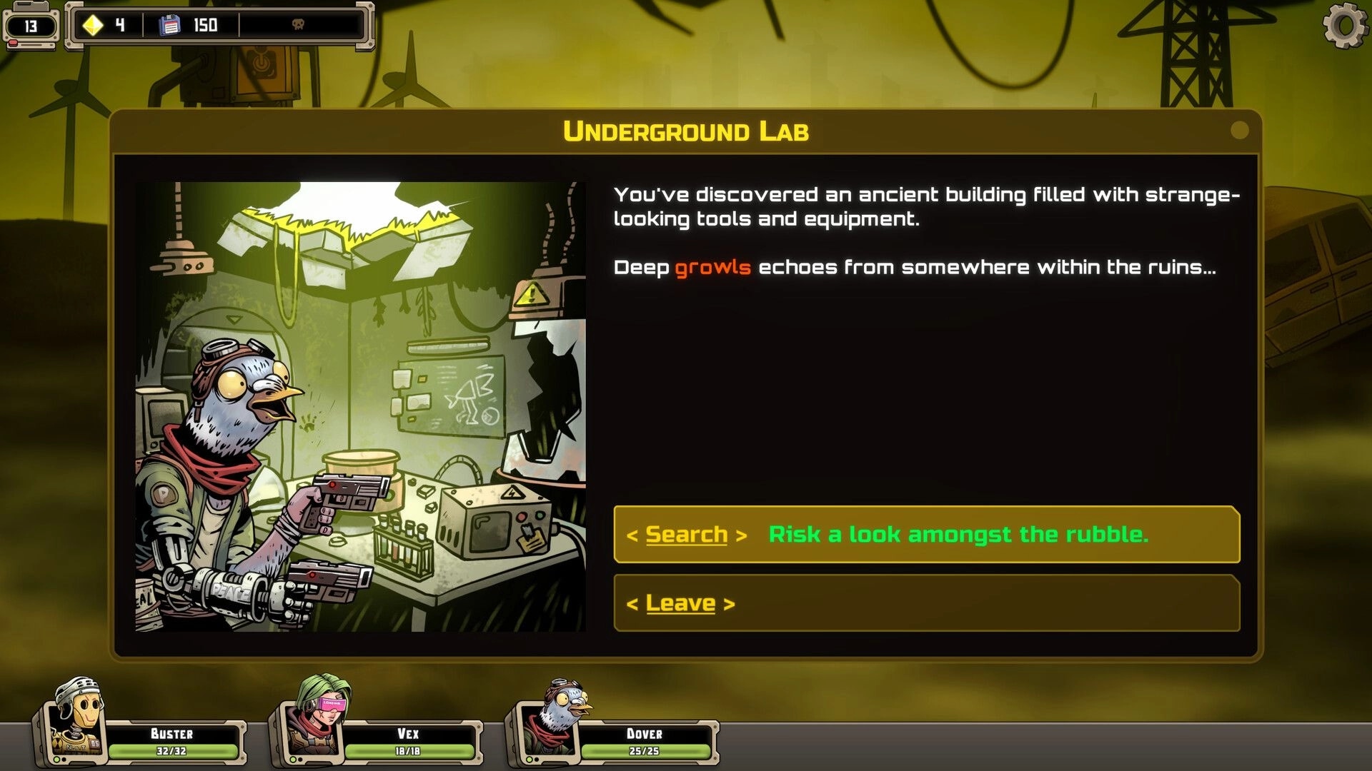 Mutanoid: Underground Lab event screen with story text and Search or Leave choices beside mutant art.