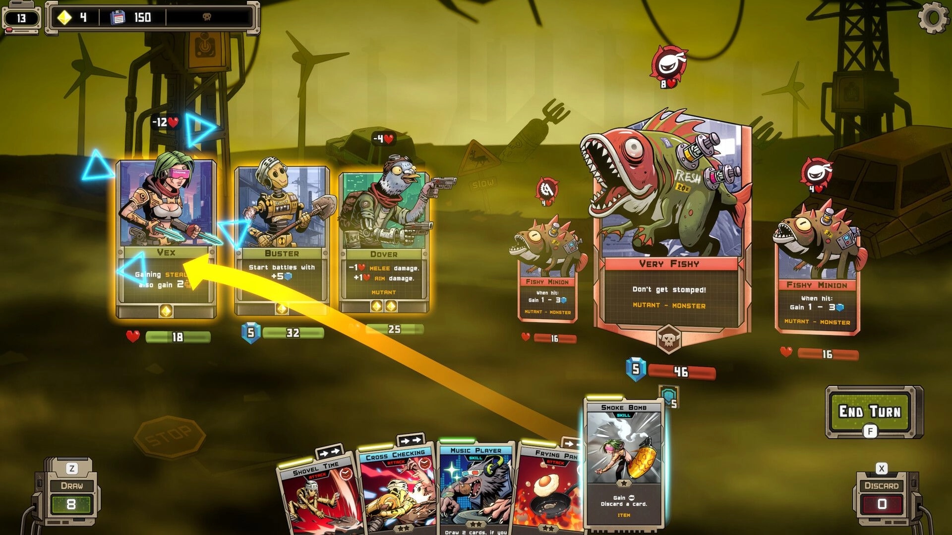 Mutanoid: Card battle with Vex, Buster, and Dover facing Very Fishy boss in wasteland arena UI.