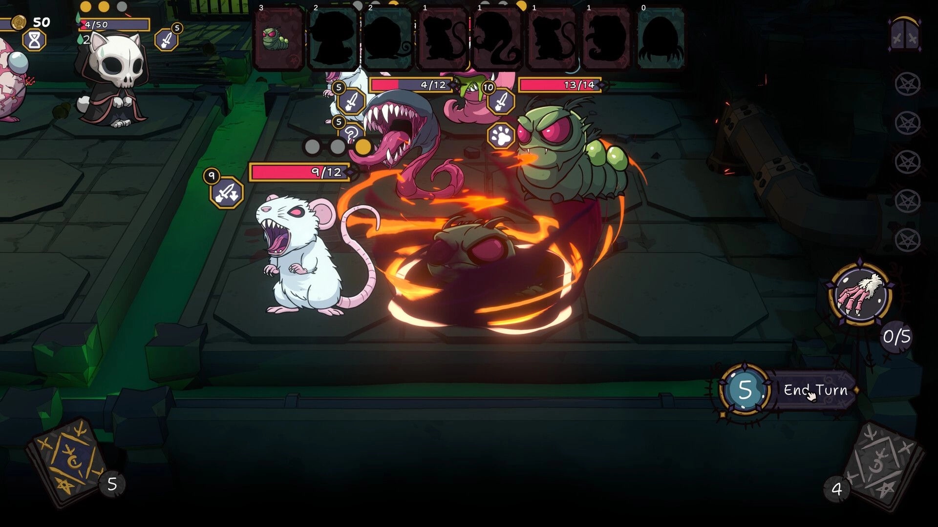 Mutate! Fight! Purr!: Turn-based fight with minions and HP bars on a dark stone dungeon grid.