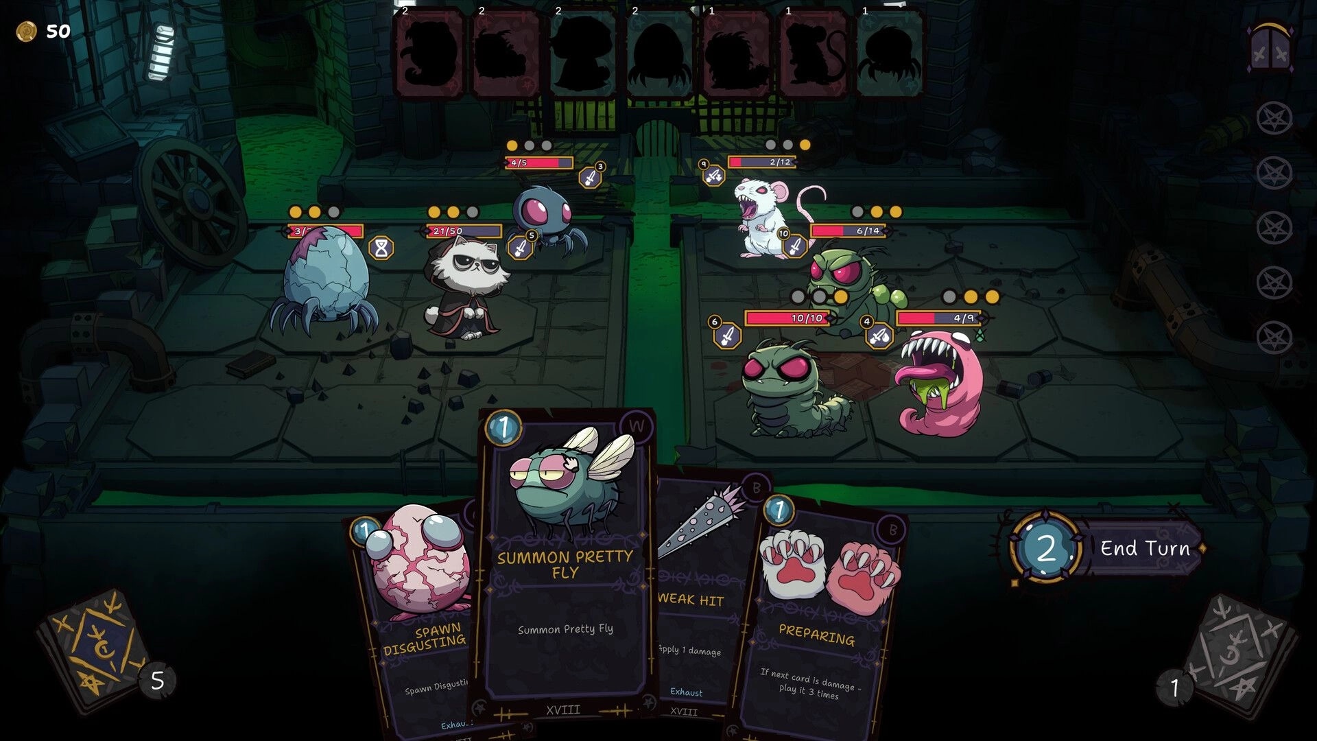 Mutate! Fight! Purr!: Turn-based card battle with cat and minions versus sewer monsters in dungeon arena.