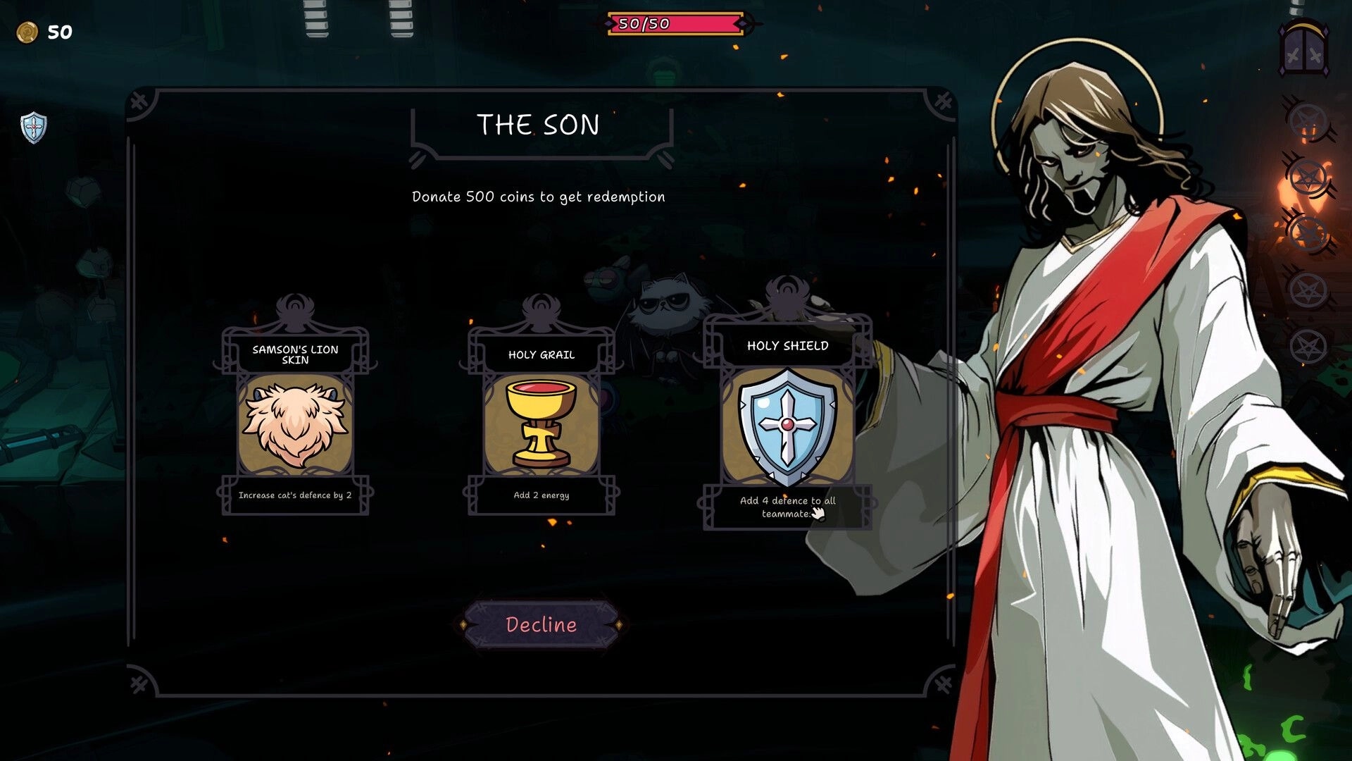 Mutate! Fight! Purr!: The Son donation reward screen with three relic cards beside robed figure altar.