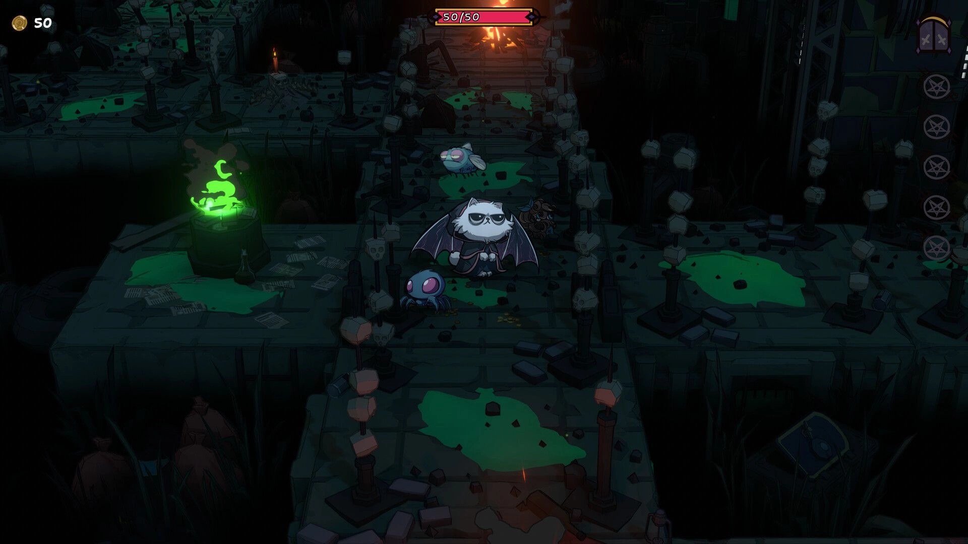 Mutate! Fight! Purr!: Winged cat stands with two minions on ruined stone path with green slime pools.