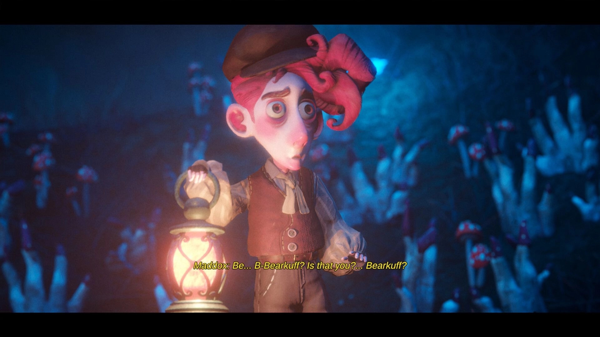 Mutter: Maddox holds a lantern in a spooky forest surrounded by eerie, skeletal tree hands.