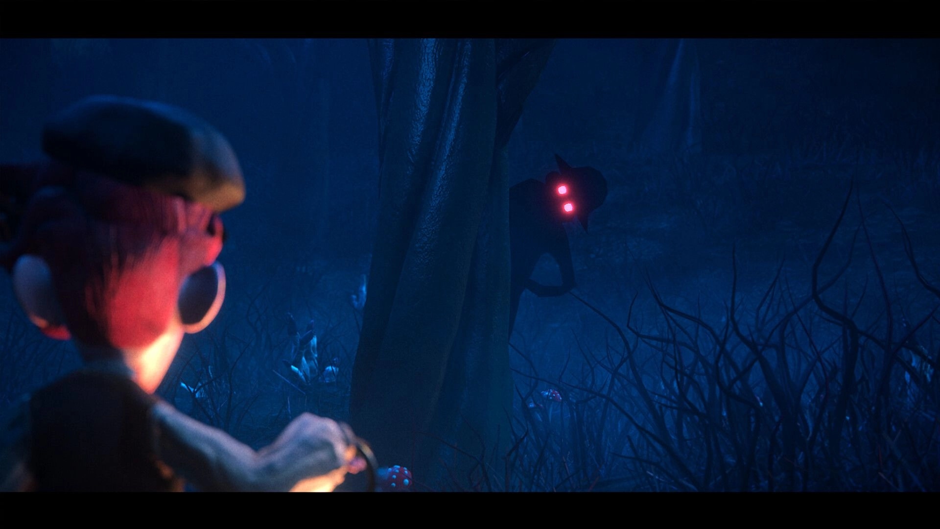 Mutter: Child character holds lantern, facing eerie silhouette with glowing eyes peeking from behind tree.