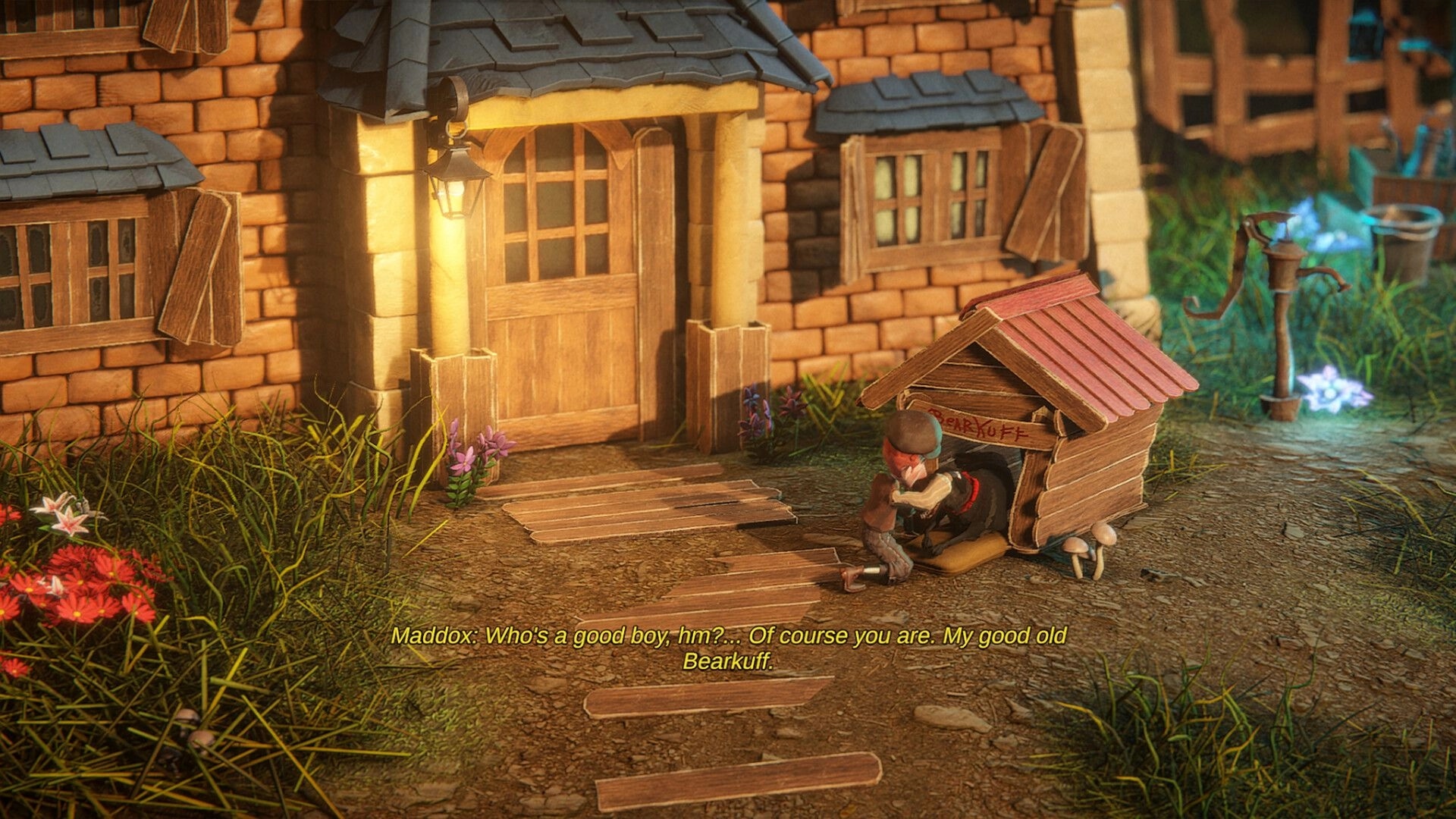 Mutter: Maddox kneeling by doghouse with Bearkuff, outside brick house with flowers in warm evening light.