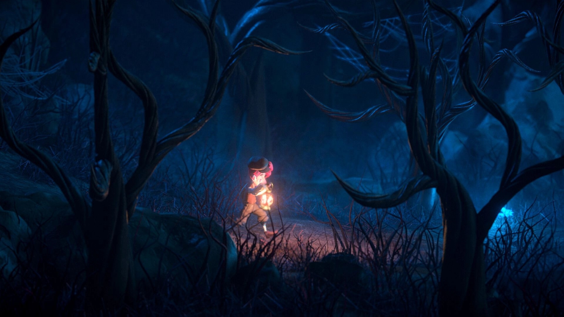Mutter: Child holding lantern walks through eerie forest with twisted trees in dim, bluish light