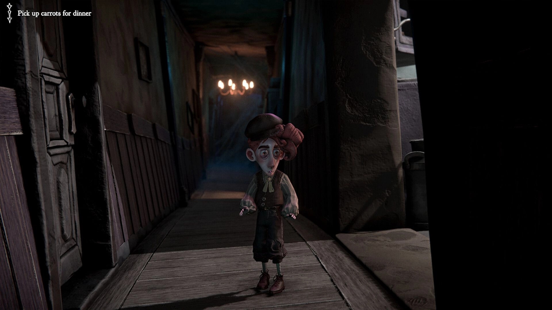 Mutter: Young character stands in dim hallway with objective to "Pick up carrots for dinner" displayed.