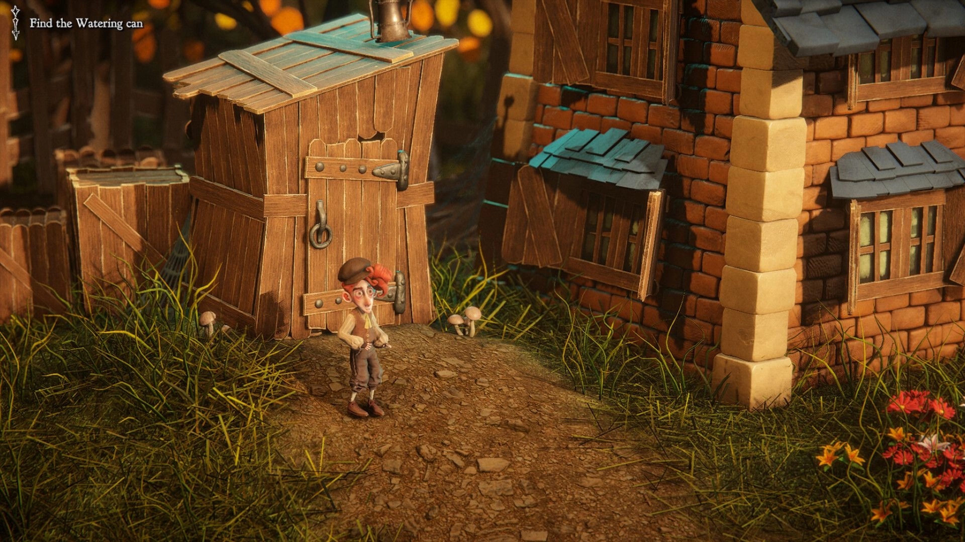 Mutter: Young character stands near wooden shed next to brick house, with task to find the watering can.