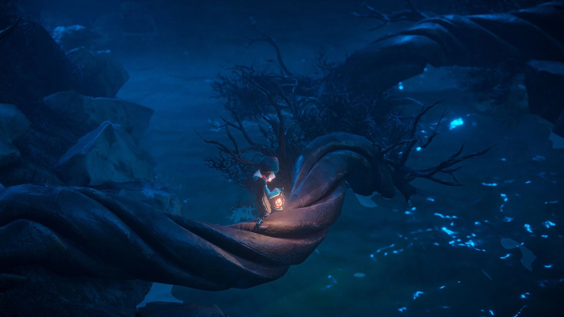 Mutter: Character holding lantern walks on twisted vine above water in eerie, dimly lit forest environment