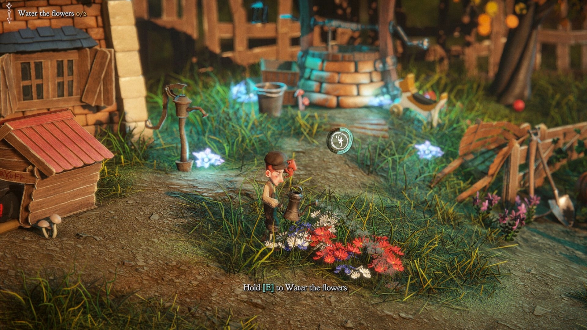 Mutter: Character waters flowers near a house with a pump, instruction to hold [E] visible on screen.