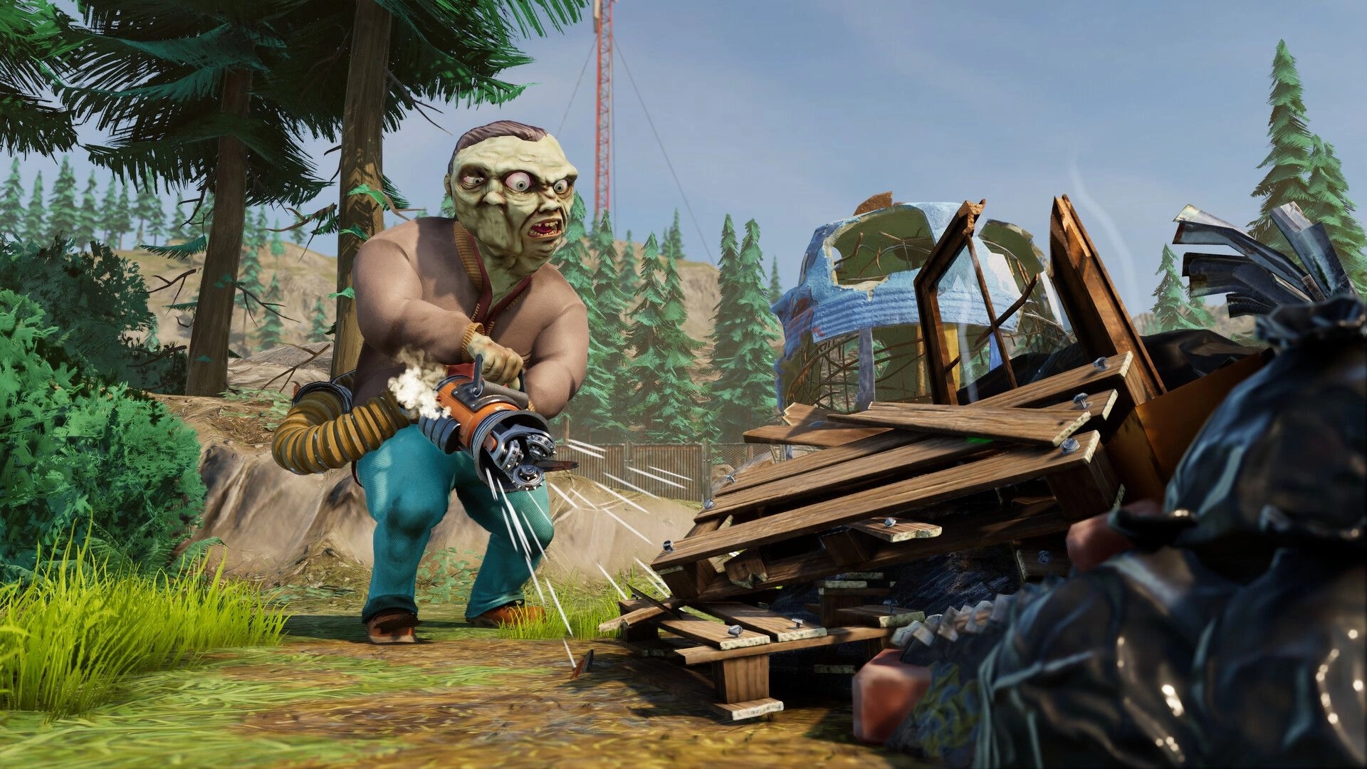 My Cannibal Family: Masked brute fires a drill gun at a wooden barricade in a forest clearing.