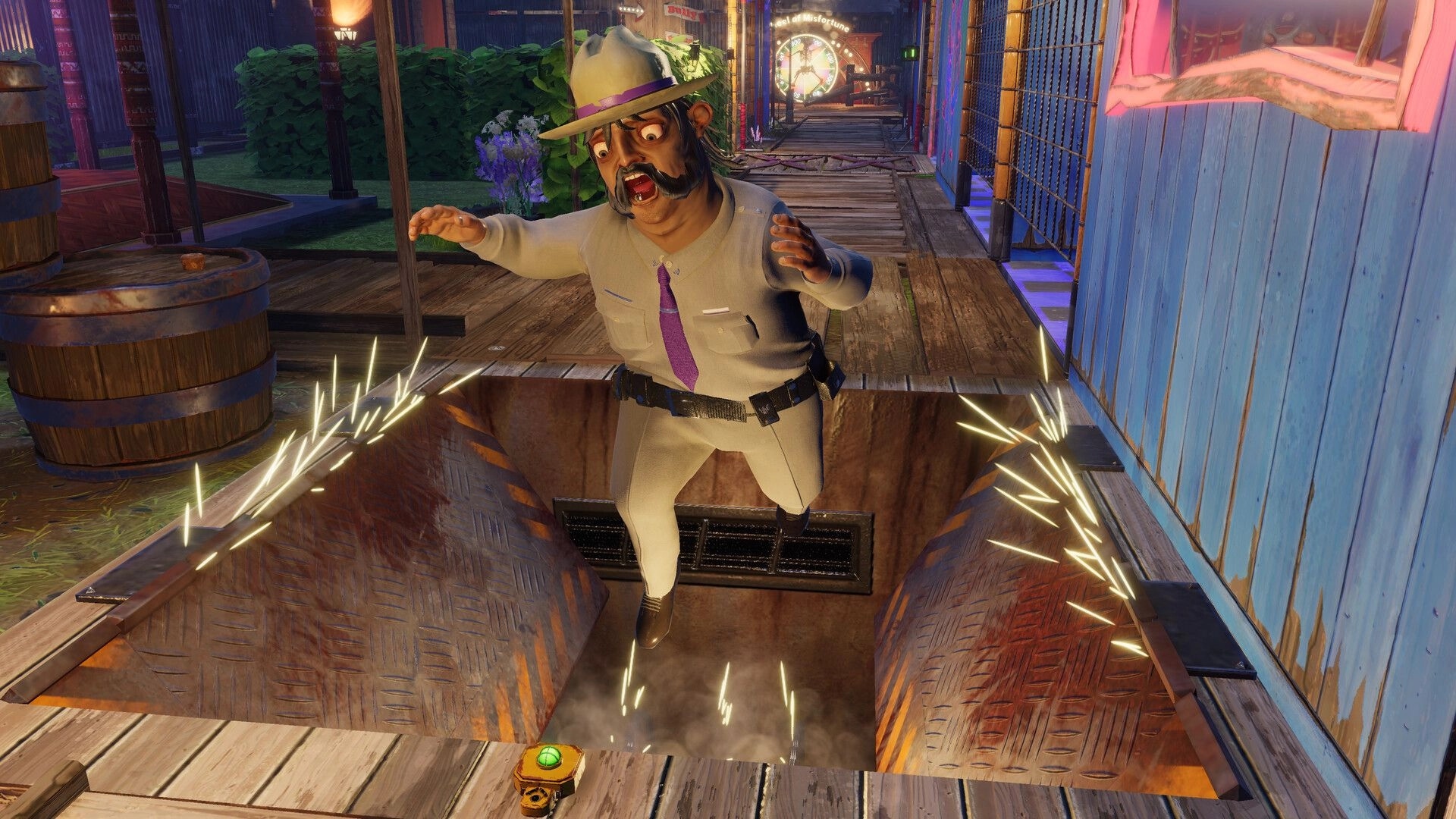 My Cannibal Family: Park guest falls into a sparking trapdoor pit on a wooden boardwalk ride area.