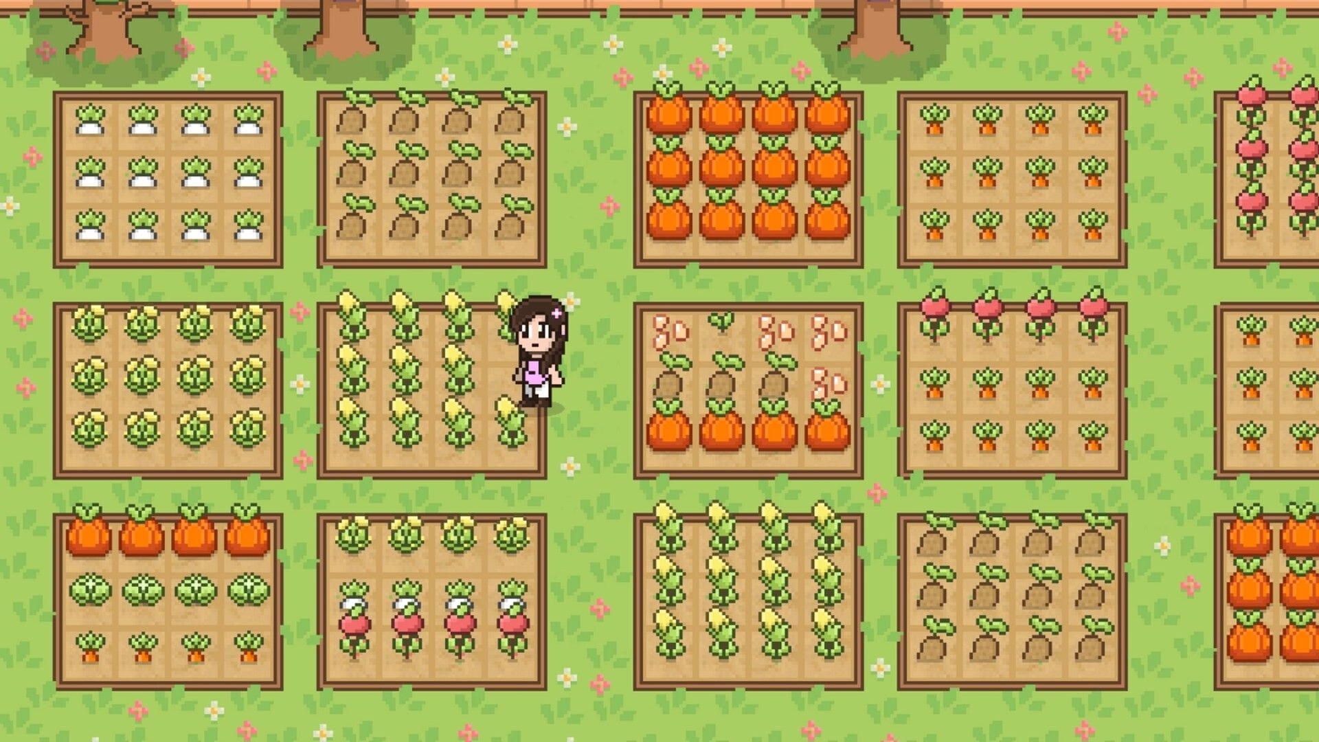 My Heaven's Dale: Character tending to diverse vegetable patches in a lush, organized garden setting.