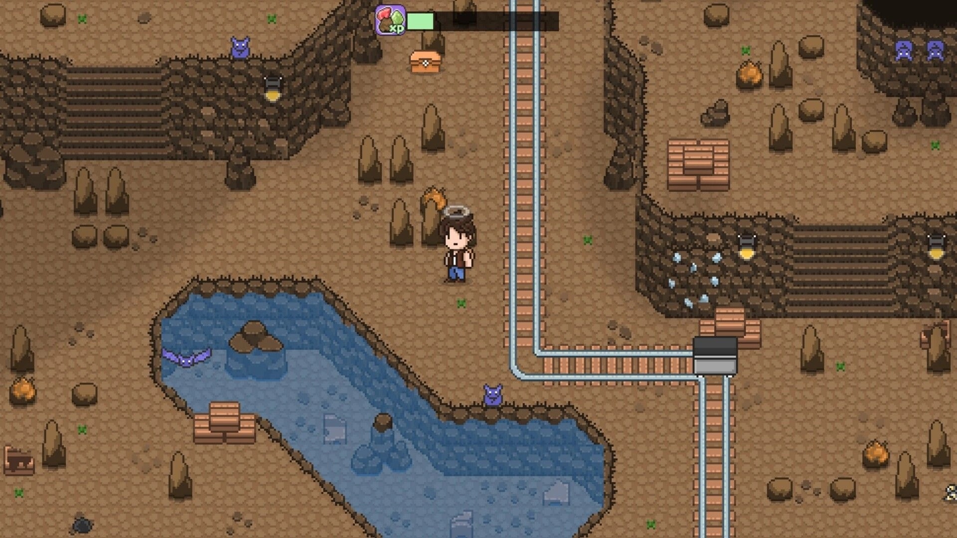 My Heaven's Dale: Character explores cave with tracks, crystals, and creatures near a water body.
