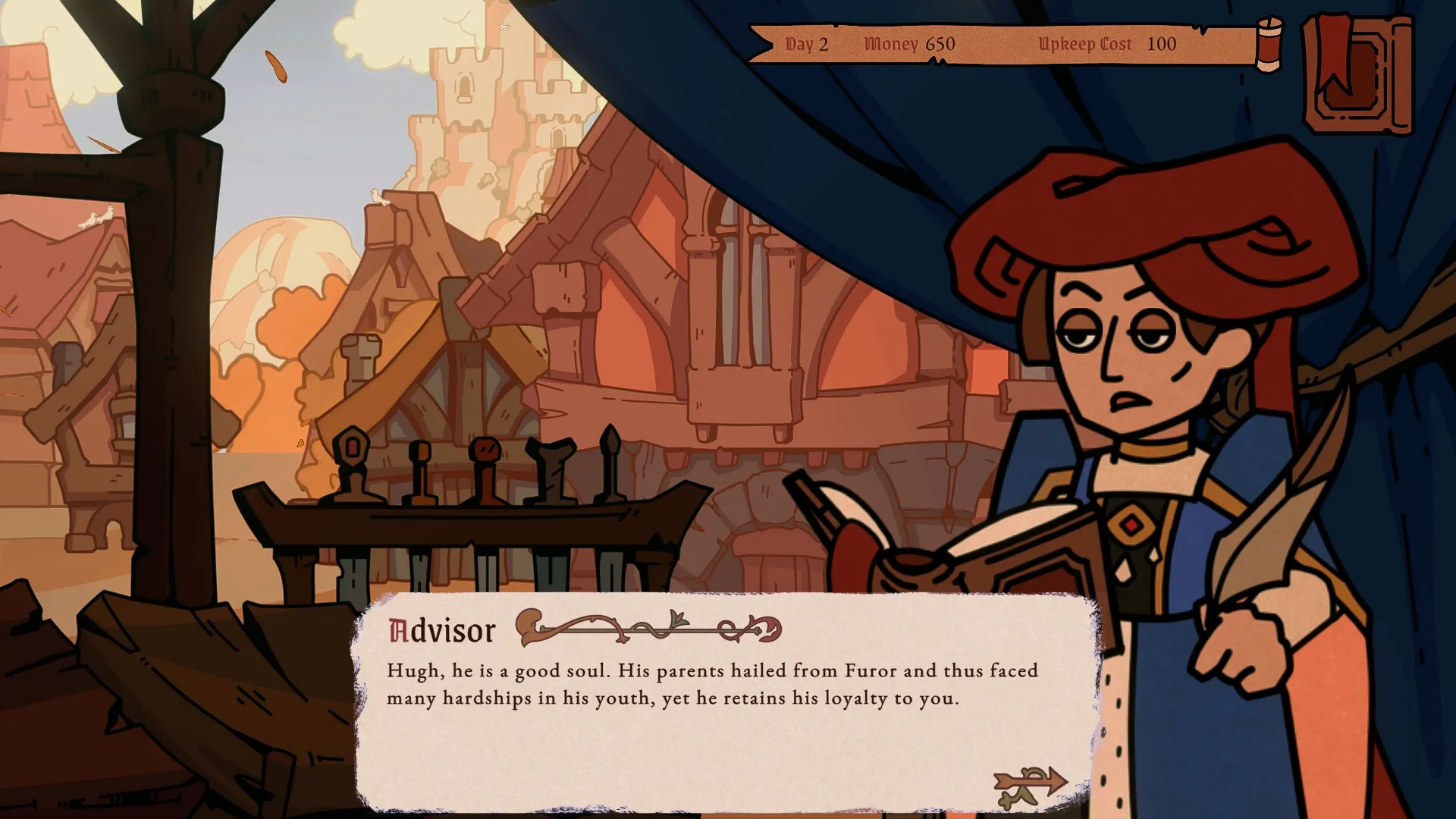 My Lord Is Hiring: Advisor character discussing Hugh's loyalty in a medieval village setting.