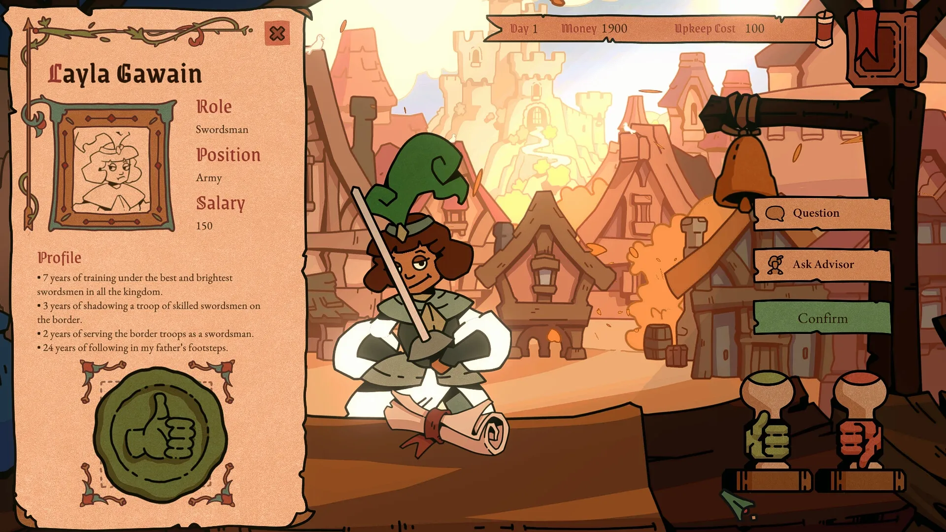 My Lord Is Hiring: Interviewing Layla Gawain, swordsman role, in a bustling medieval village setting.