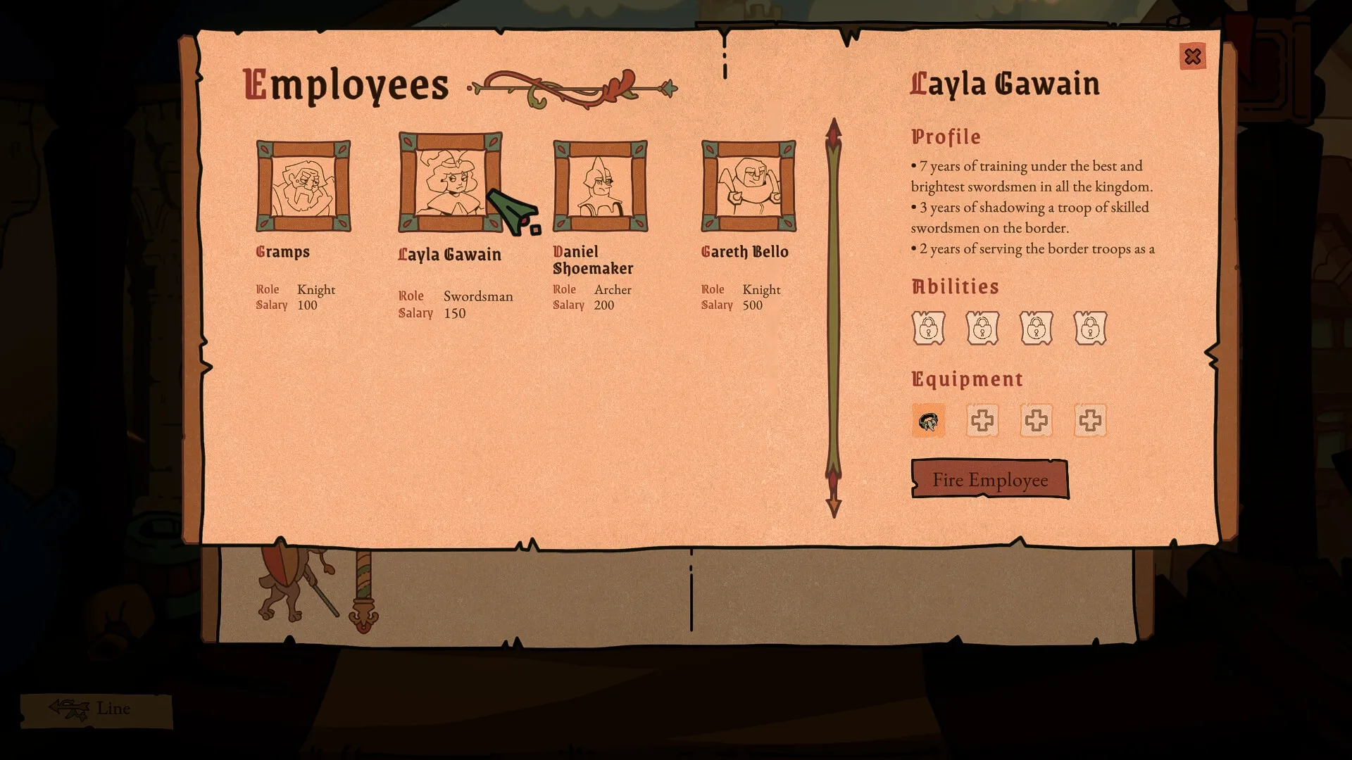My Lord Is Hiring: Employee selection interface showing Layla Gawain's profile and fire option available