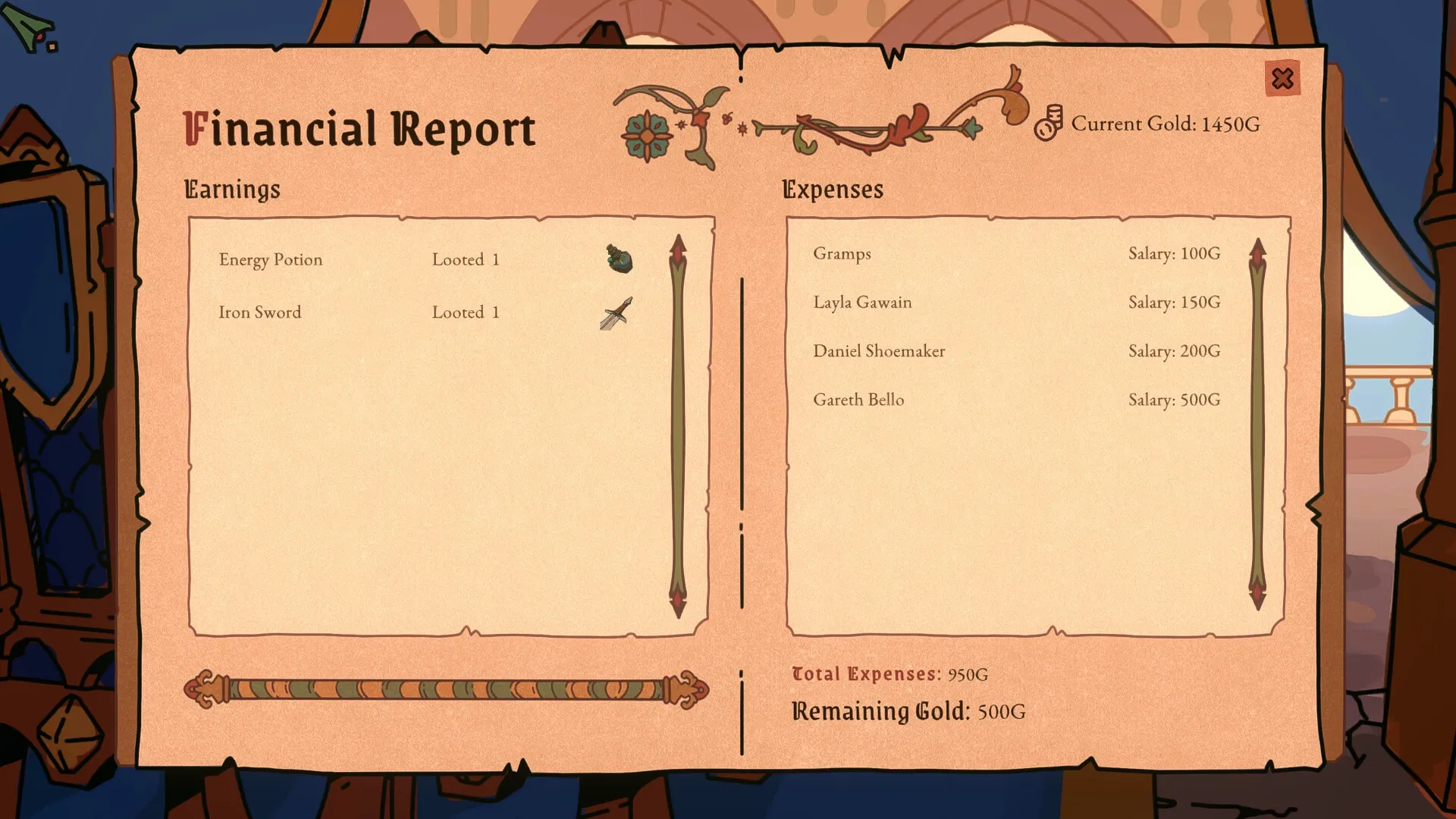 My Lord Is Hiring: Financial report screen showing earnings, expenses, and remaining gold in the castle.