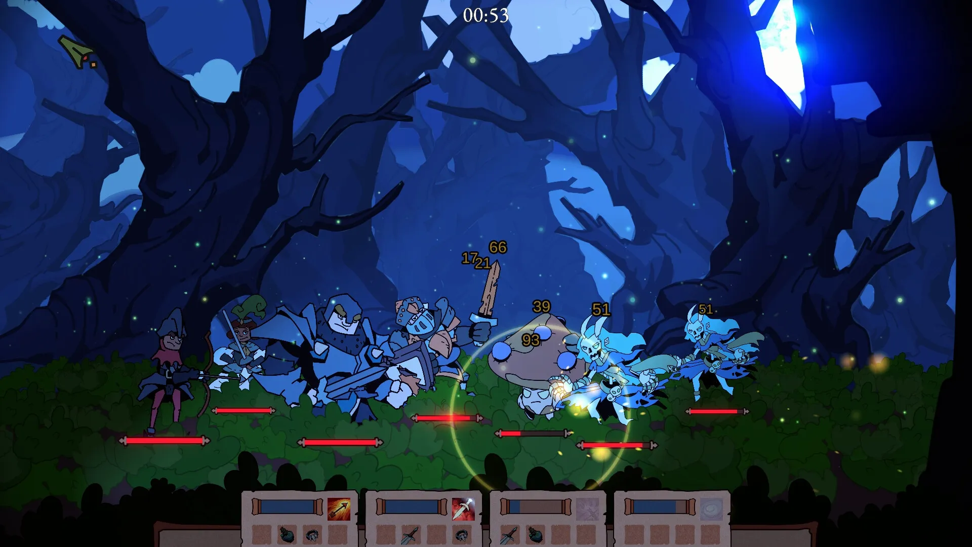 My Lord Is Hiring: Battle scene with knights and monsters in a dark enchanted forest, UI at bottom.