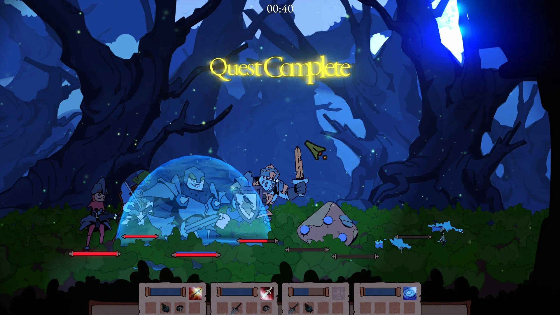 My Lord Is Hiring: Knights with shields celebrate quest completion in enchanted forest setting