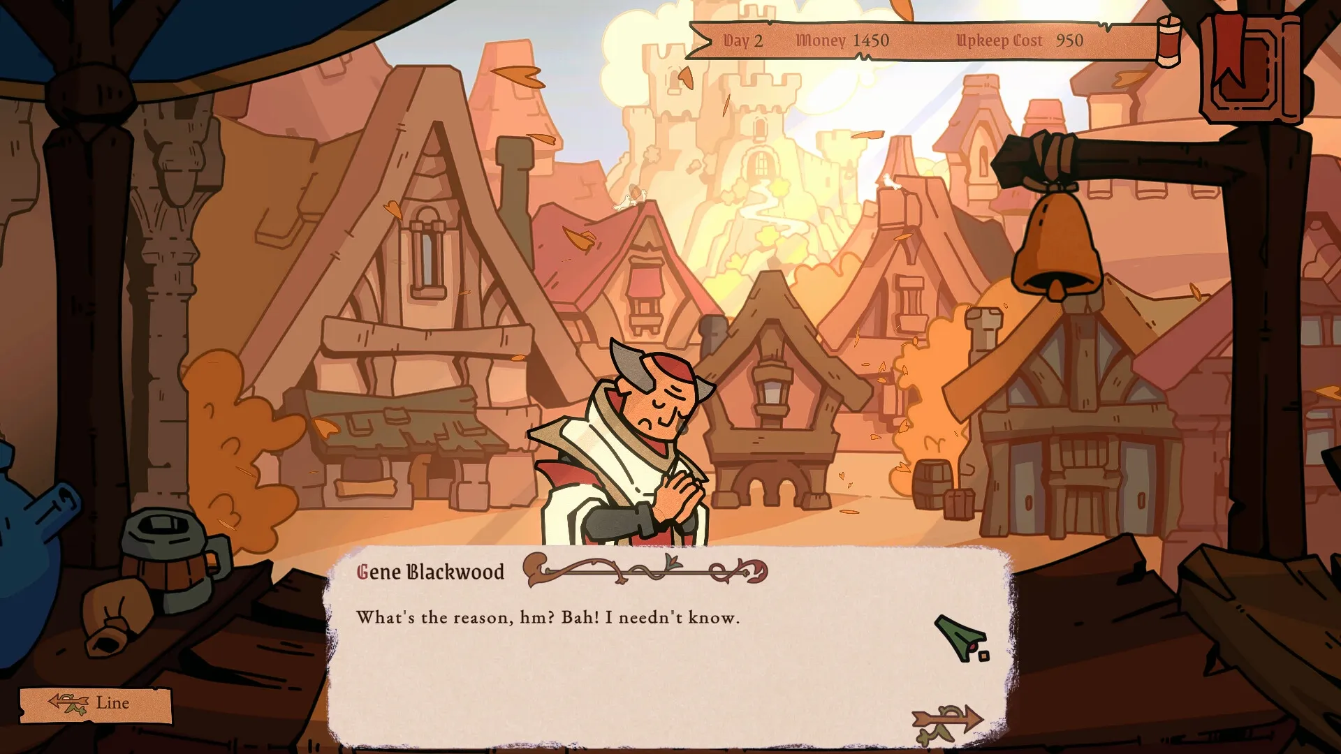My Lord Is Hiring: Gene Blackwood in dialogue box, medieval village backdrop with castle in distance