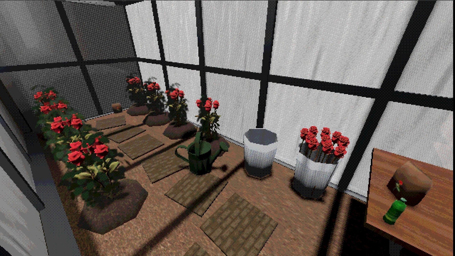 My Lovely Flower: Red roses in a dimly lit greenhouse with pots, watering can, and bouquets on a table