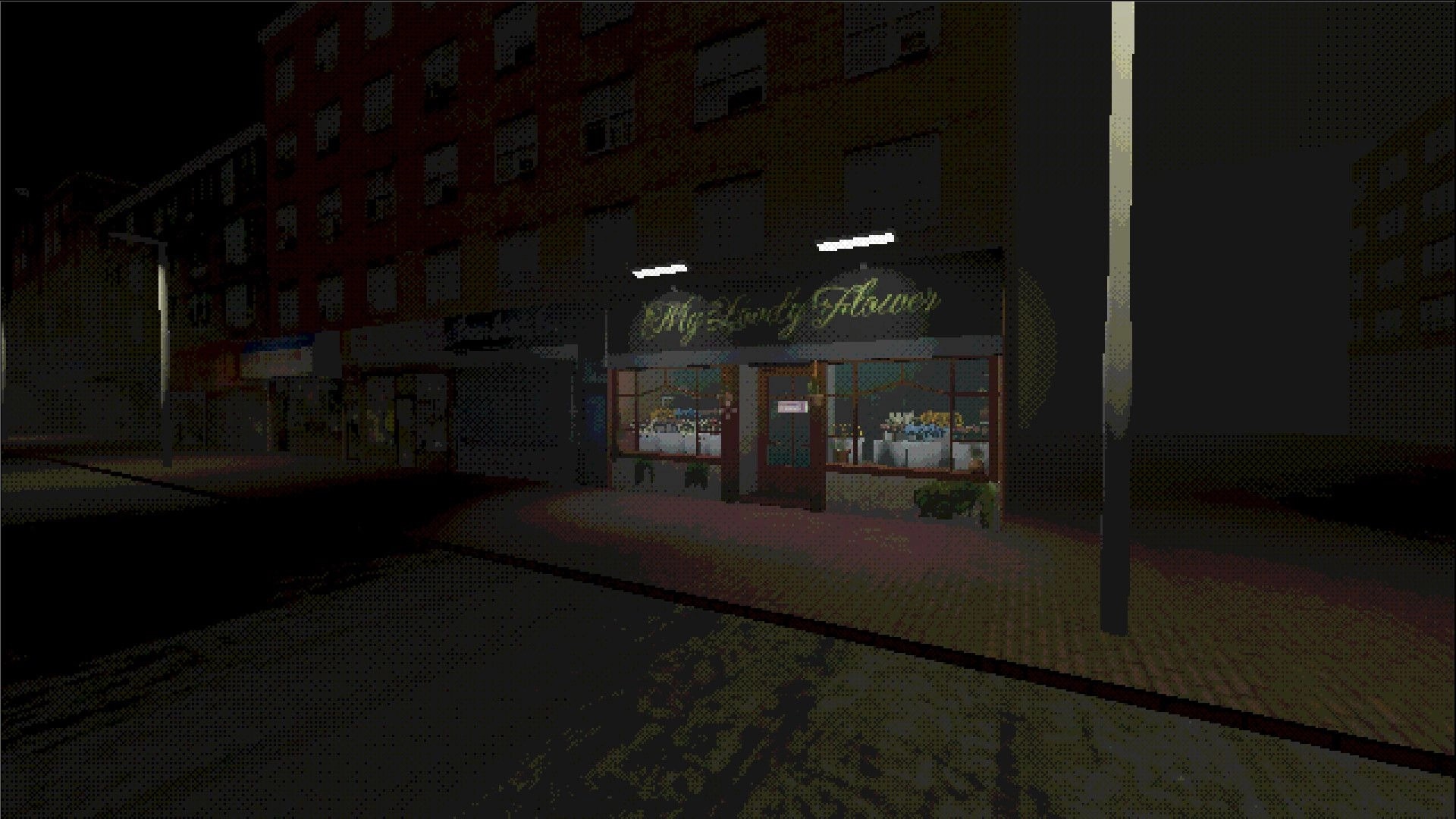 My Lovely Flower: Dimly lit flower shop exterior with glowing sign on a dark, deserted street.